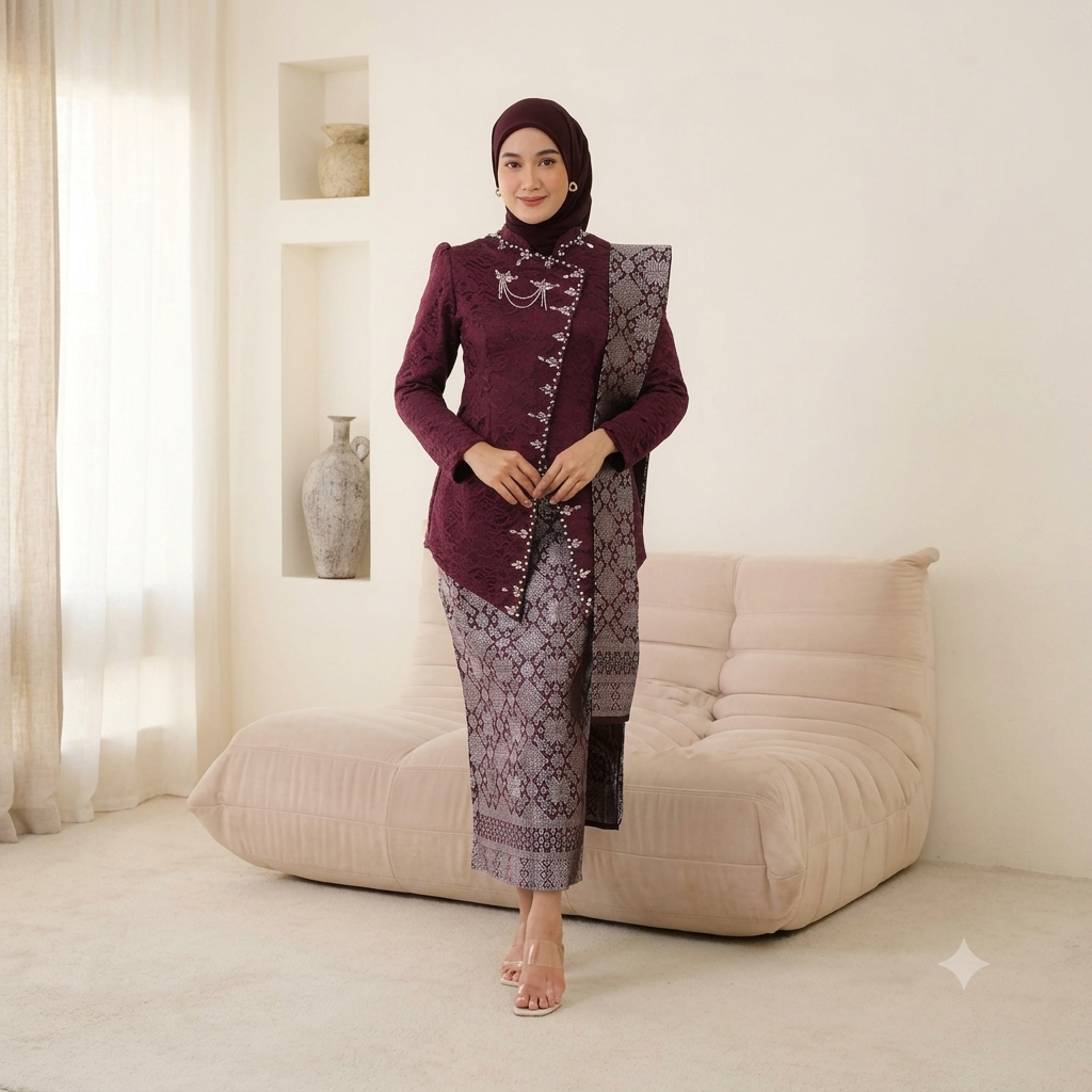 Kebaya Kartini Modern Maroon Premium + Kain Songket