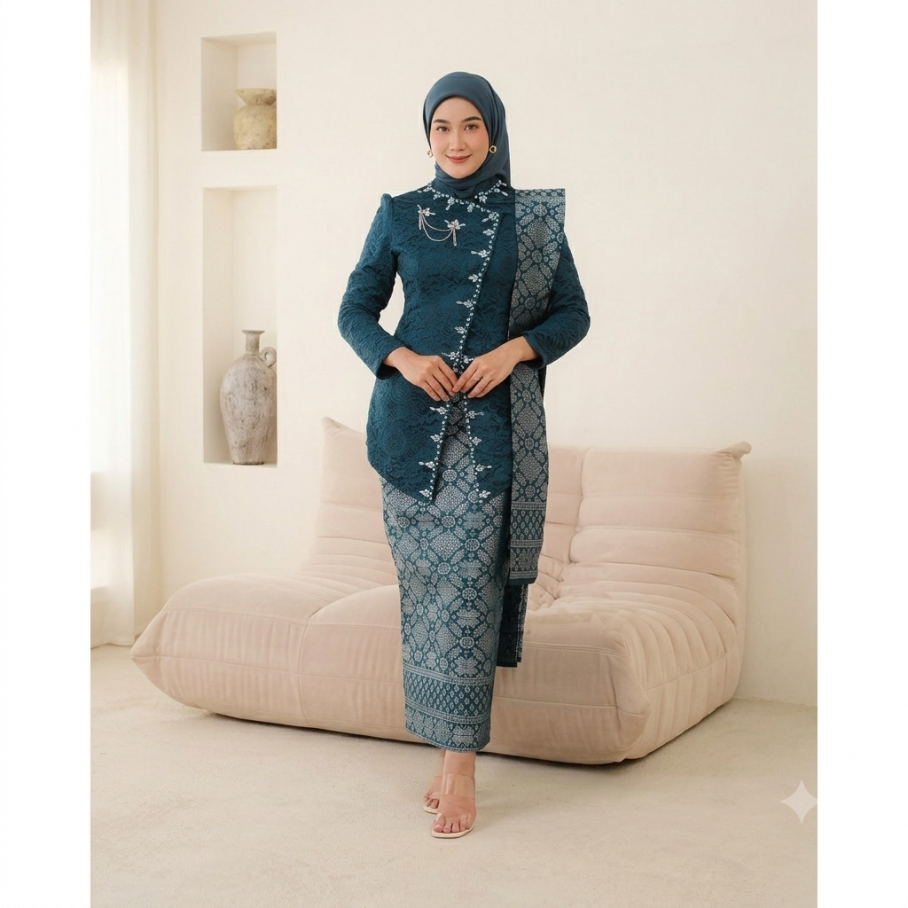 Kebaya Kartini Modern Navy Tosca Premium + Kain Songket